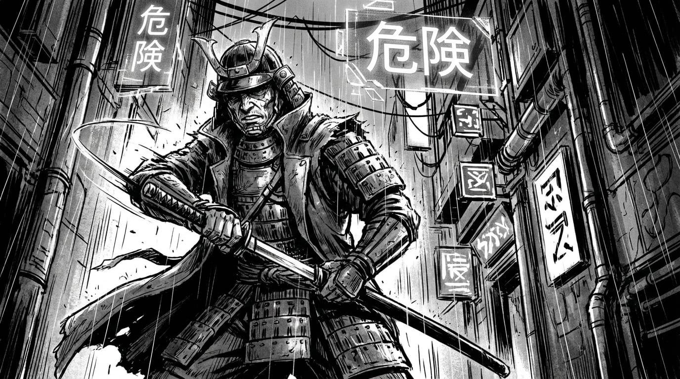 A black and white manga panel featuring a cyberpunk samurai drawing a katana in a rain-slicked neon alleyway. The image should have high contrast with heavy ink lines typical of seinen manga. The angle is a dynamic low-angle shot looking up at the samurai. The samurai has an intense, gritty expression. In the background, holographic signs display the glowing Japanese kanji "危険". Include speed lines to emphasize motion and dramatic shading (chiaroscuro) to enhance the mood.