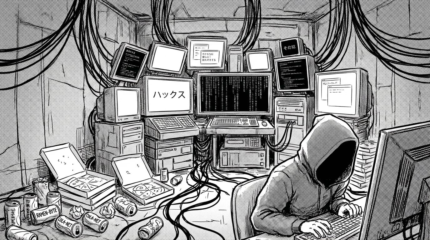 A highly detailed manga background illustration showing the interior of a messy, futuristic hacker's room. The room is cluttered with multiple computer screens displaying cascading code, tangled wires hanging from the ceiling and running along the floor. Empty pizza boxes and soda cans are scattered on the floor. The image uses a screen tone texture and traditional ink drawing style. The perspective is a wide-angle lens shot to capture the entire chaotic space.