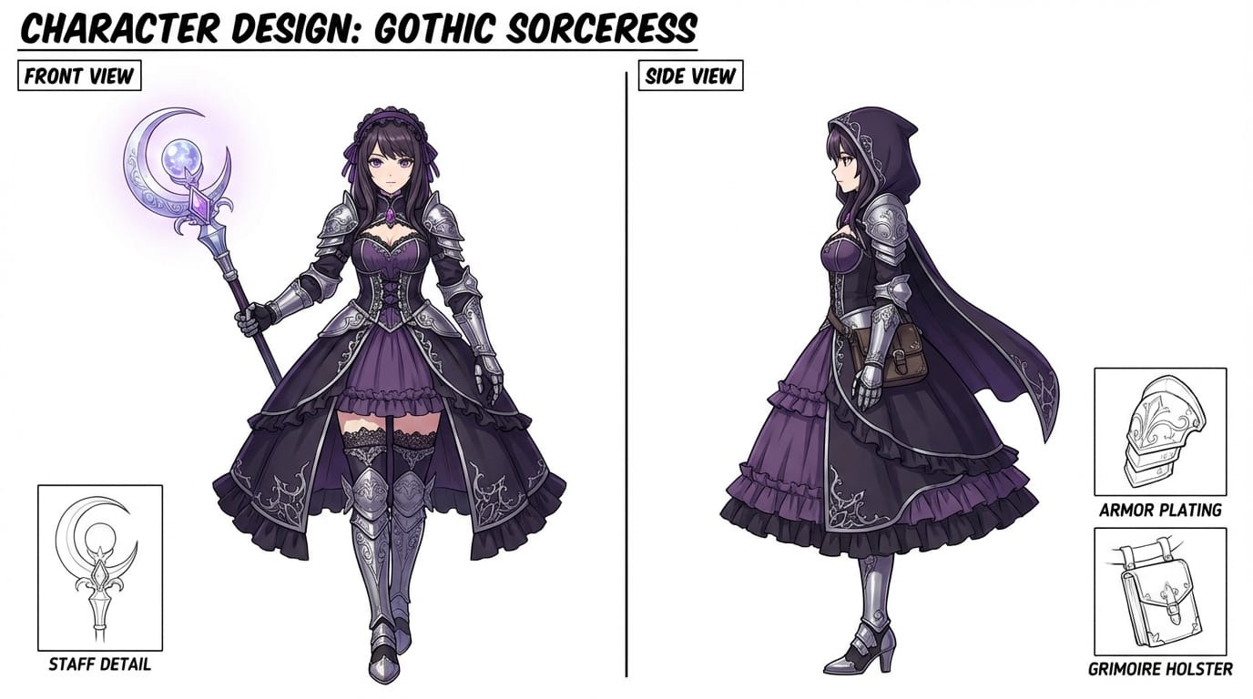 A character design sheet in anime style featuring a full-body shot of a female sorceress. She is wearing intricate gothic lolita armor that combines frills with metal plating. She holds a large, ornate magical staff. The image displays both a front view and a side view of the character on a clean white background, highlighting detailed accessories and costume design.