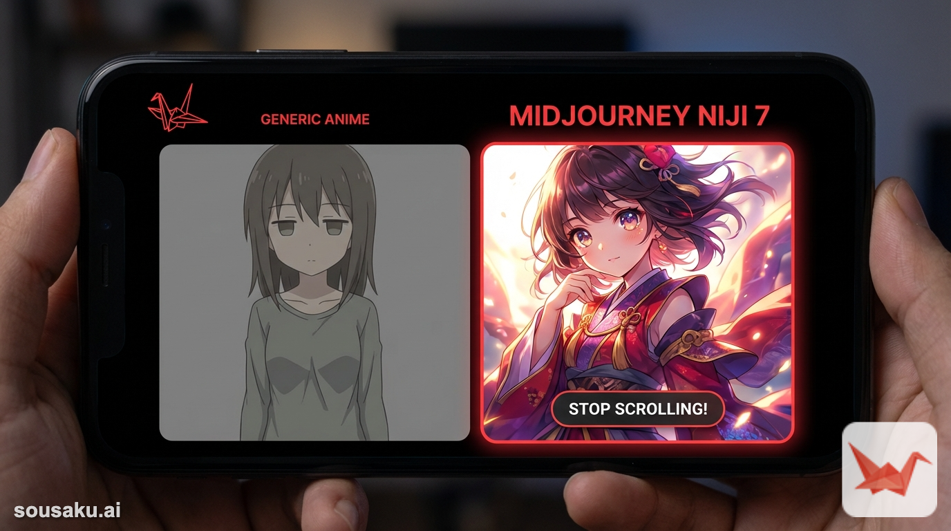 A split-screen comparison showing a dull, generic anime character versus a vibrant, highly detailed Midjourney NIJI 7 character with expressive eyes and dynamic lighting, designed to stop a user from scrolling on a smartphone interface.