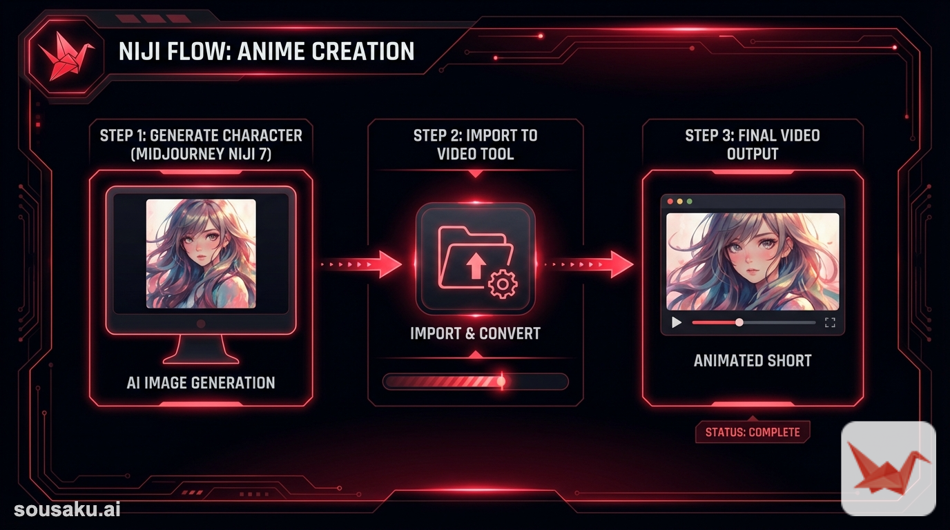 A workflow diagram showing three steps: 1. Generating a high-quality anime character with Midjourney NIJI 7. 2. Importing that image into a video generation tool. 3. The final output showing the character blinking and hair moving in a short video format.