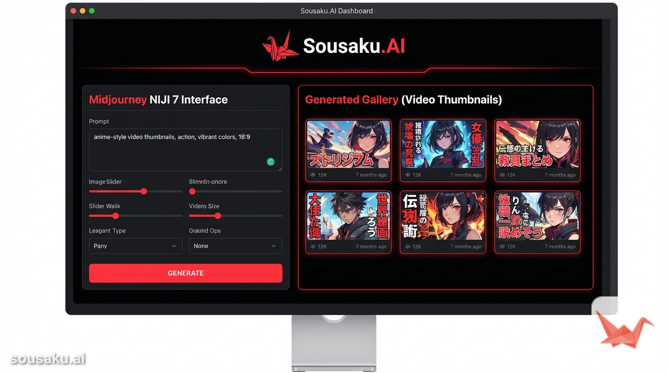 A screenshot of the Sousaku.AI dashboard showing the Midjourney NIJI 7 interface on the left and a generated gallery of anime-style images suitable for video thumbnails on the right.