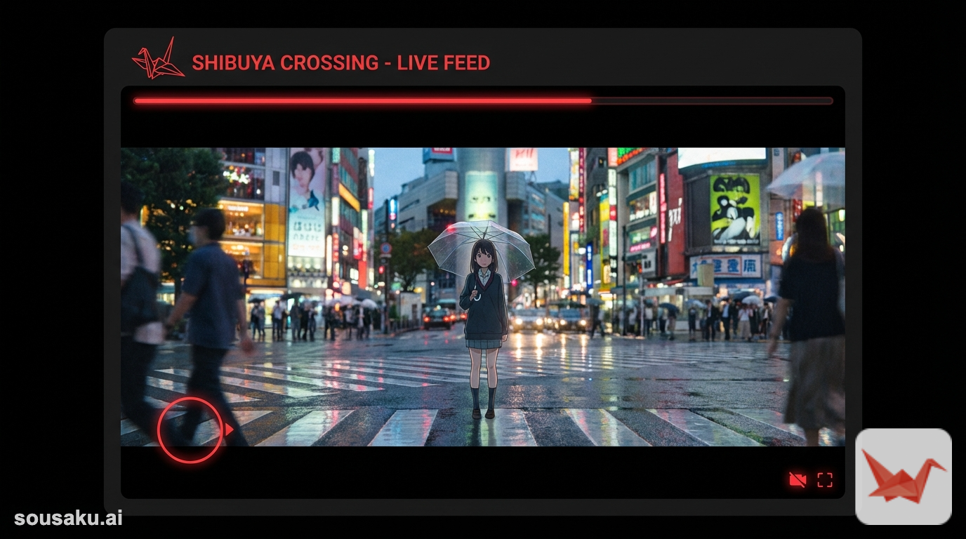 anime style, wide shot, a girl standing at a busy Shibuya crossing in the rain, holding a transparent umbrella, neon lights reflecting on wet asphalt, cinematic lighting, depth of field, high detail background, shot on 35mm lens --niji 7