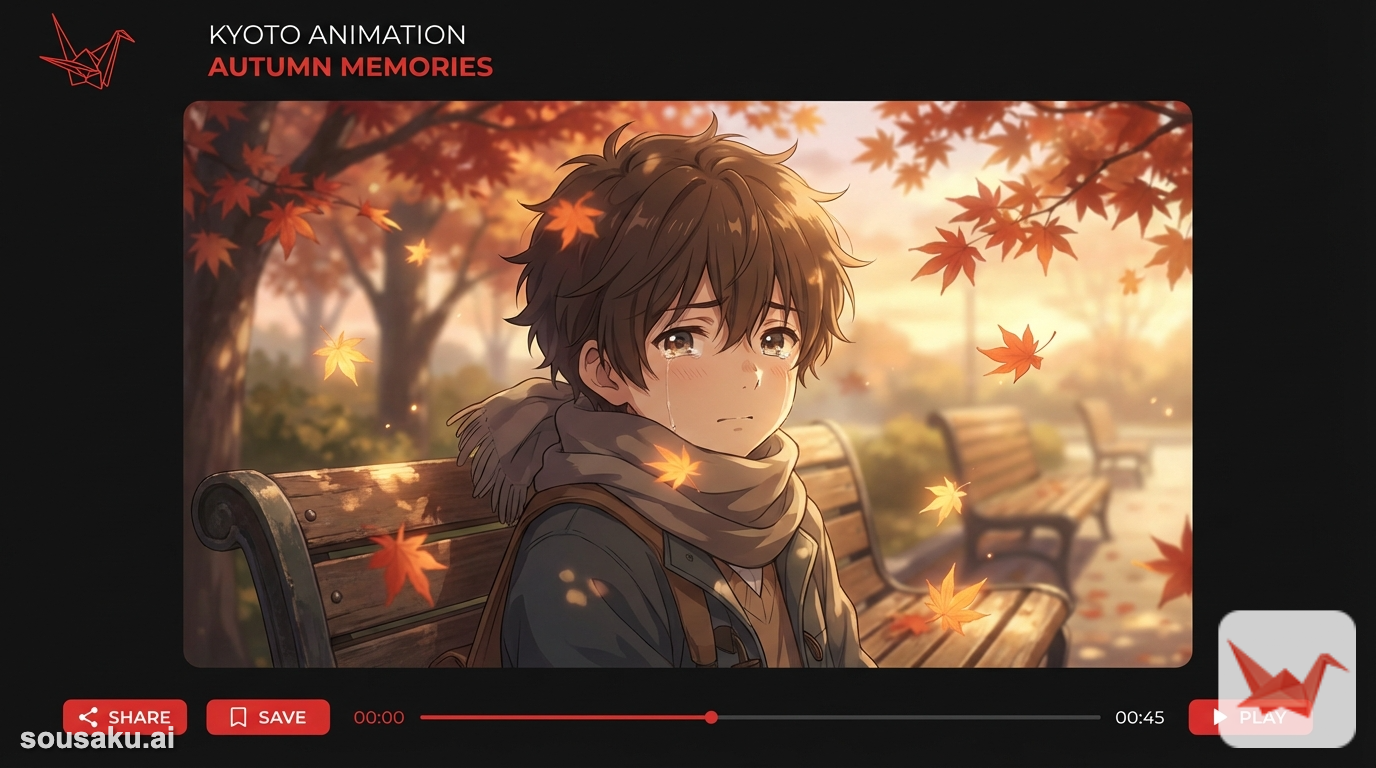 anime style, close up shot, a boy sitting on a wooden bench in a park during autumn, golden hour lighting, falling maple leaves, soft focus background with park benches and trees, emotional expression, kyoto animation style --niji 7