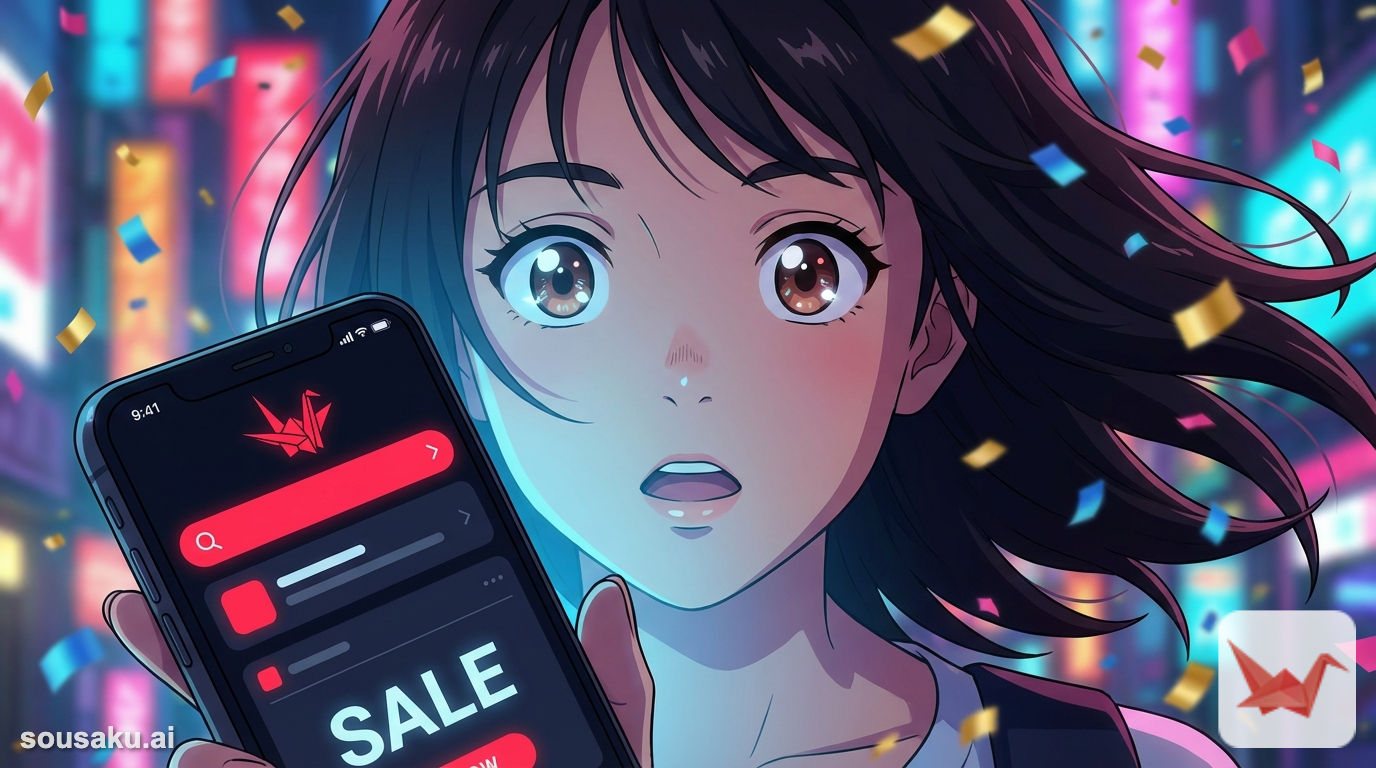 anime style, close up of a cute girl looking surprised at a smartphone screen, glowing screen light on face, dynamic angle, high details, sparkling eyes, colorful background with confetti, text "SALE" in the background --niji 7 --ar 9:16