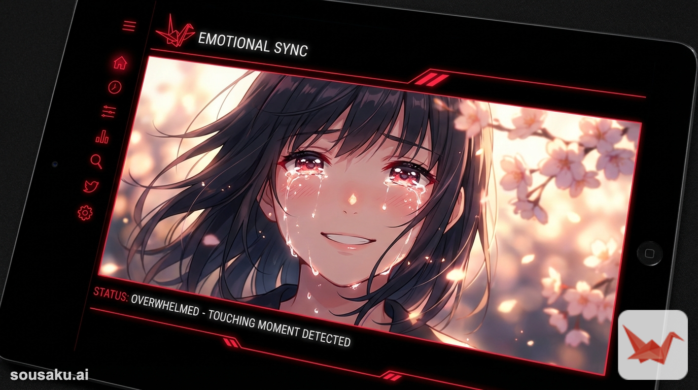 close up shot of an anime girl crying with a smile, tears streaming down face, emotional scene, detailed eyes with sparkling highlights, soft lighting, blurred cherry blossoms in background, wind blowing hair, high quality anime art, expressive, touching moment