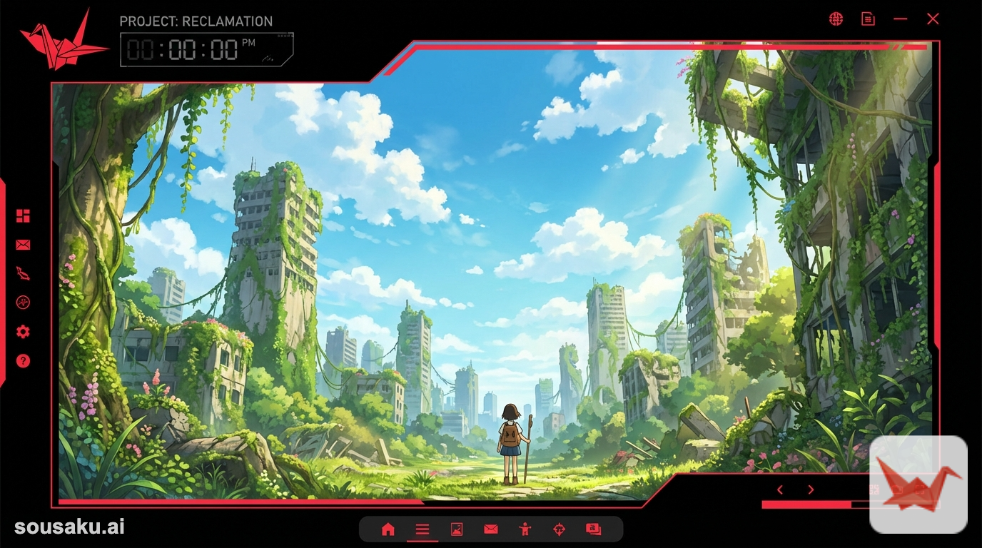 wide angle shot of a post-apocalyptic overgrown city, anime style, ruins covered in vines and moss, blue sky with white clouds, a small anime girl exploring the ruins in the distance, sense of scale, detailed architecture, sunlight illuminating the scene, ghibli inspired background, peaceful yet lonely atmosphere