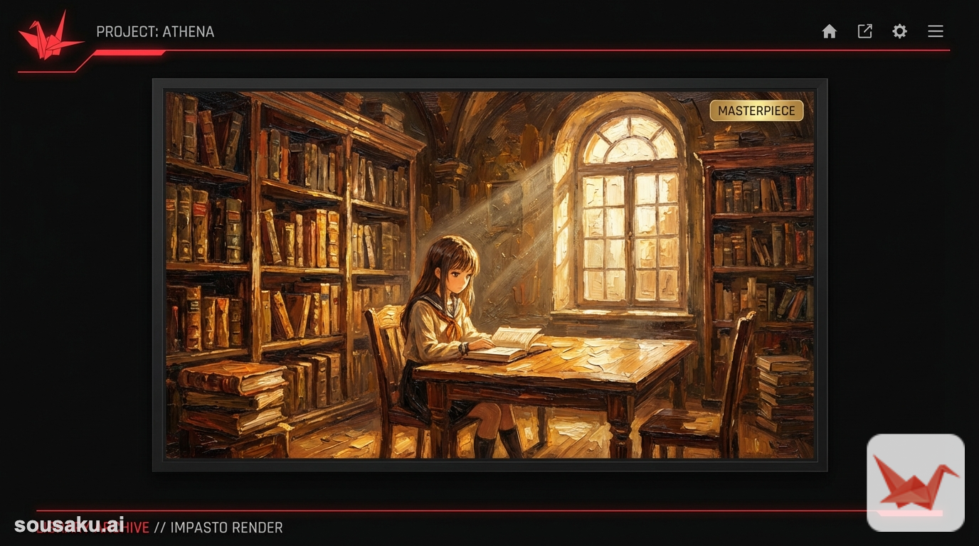 anime girl reading a book in an old library, thick impasto painting style, visible brush strokes, warm color palette, detailed books on shelves, dust motes, shaft of light, artistic composition, oil painting texture, masterpiece