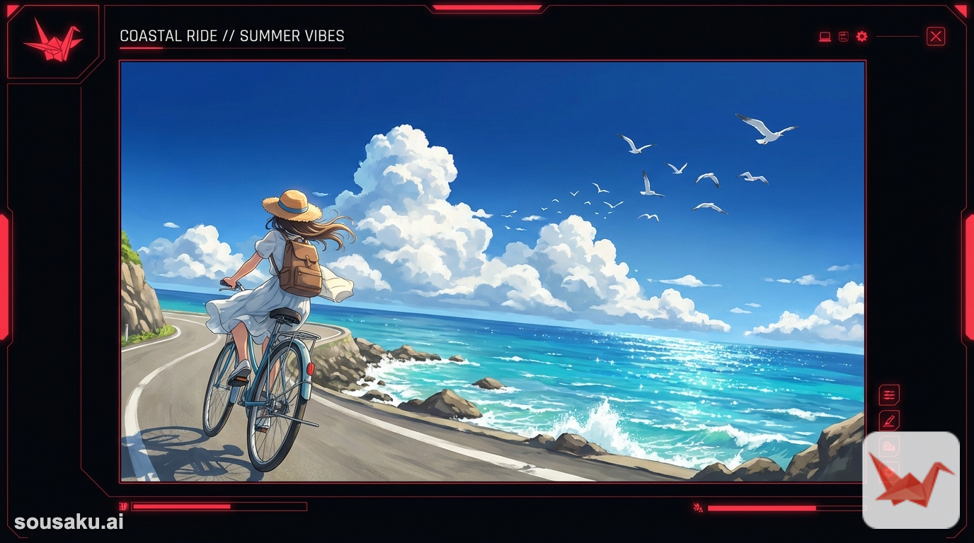 anime illustration of a girl riding a bicycle along the coast, blue ocean and sky, dynamic angle, summer vibes, detailed clouds, seagulls, vibrant colors, high resolution