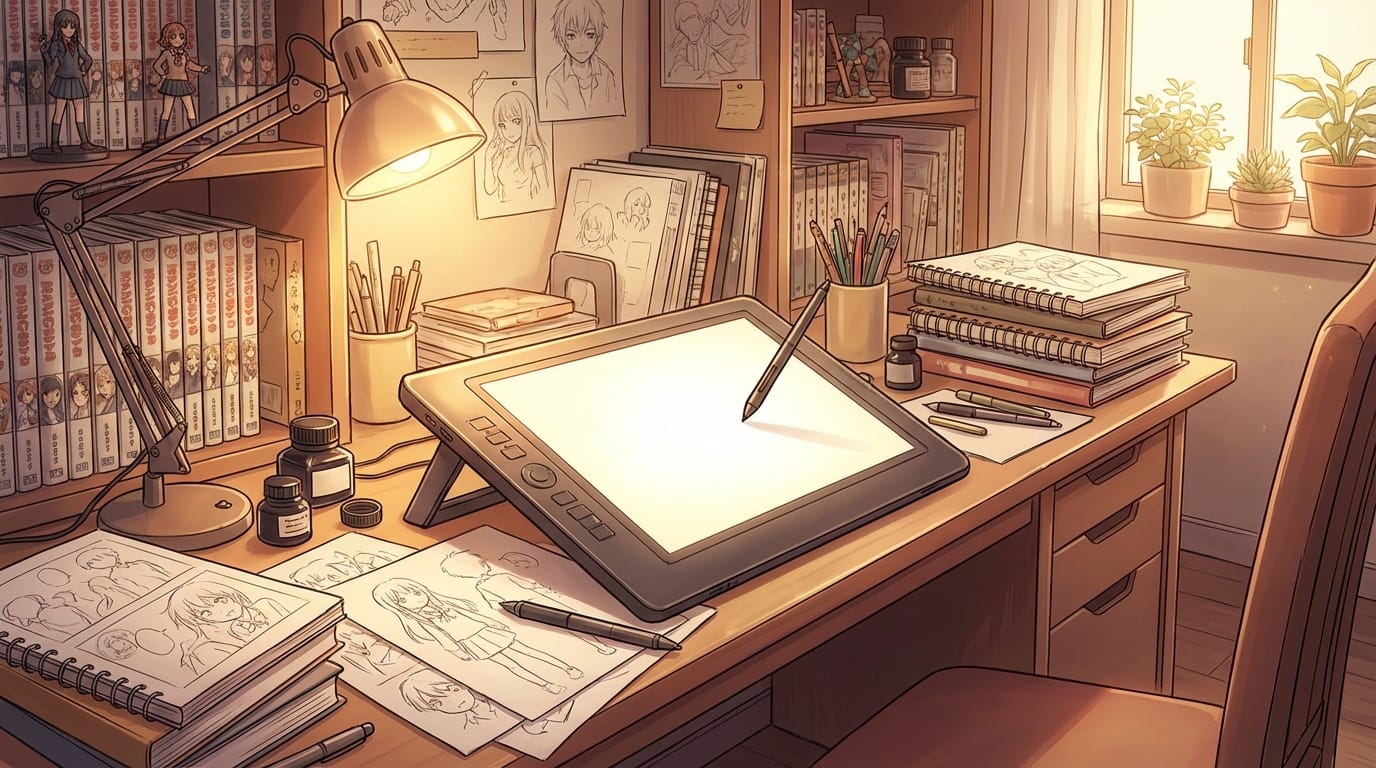 A creative workspace of a manga artist, desk with drawing tablet and papers, warm lighting, anime style, highly detailed, no text