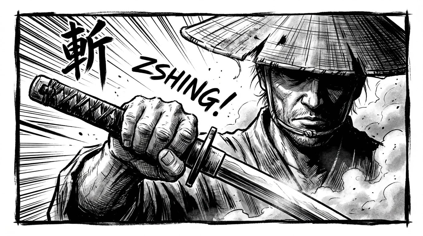 Black and white comic book panel, intense action scene, speed lines, close-up of a samurai drawing his sword, dramatic lighting, ink style