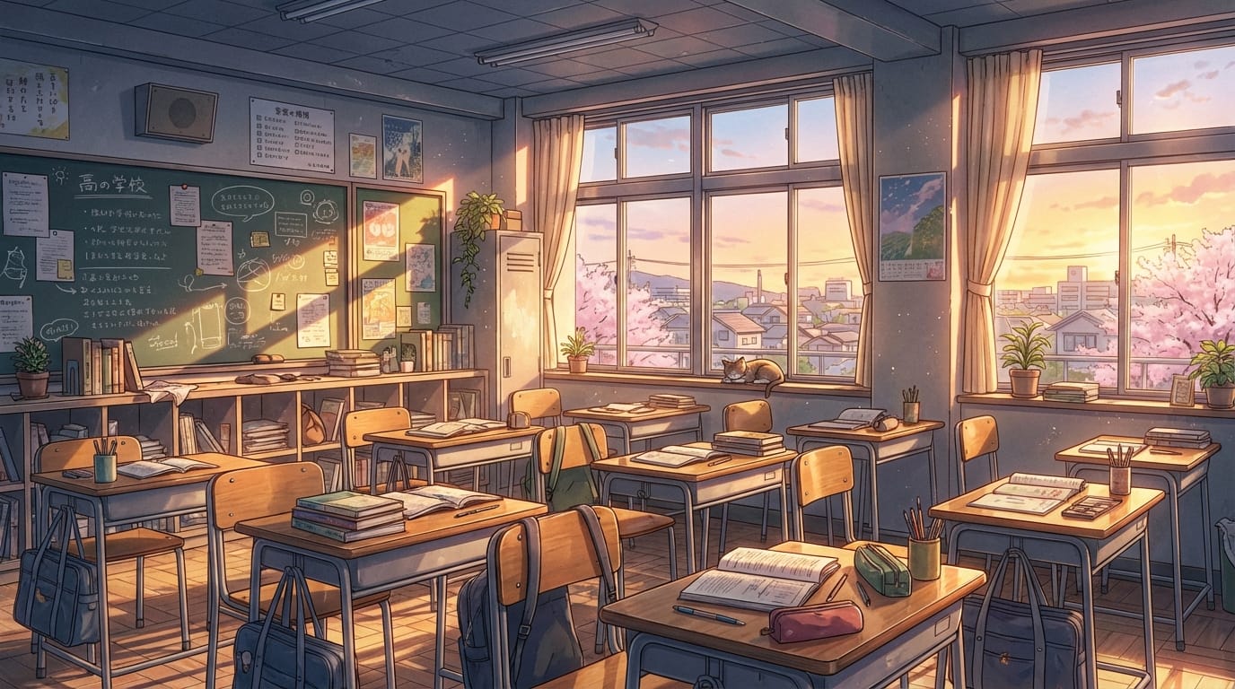 Detailed background art for anime, inside a messy high school classroom, sunset lighting, desks and chairs, slice of life atmosphere