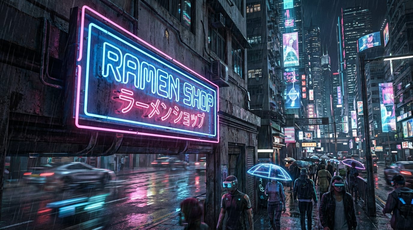 A cyberpunk neon sign text "RAMEN SHOP", glowing blue and pink lights, futuristic street background, high definition