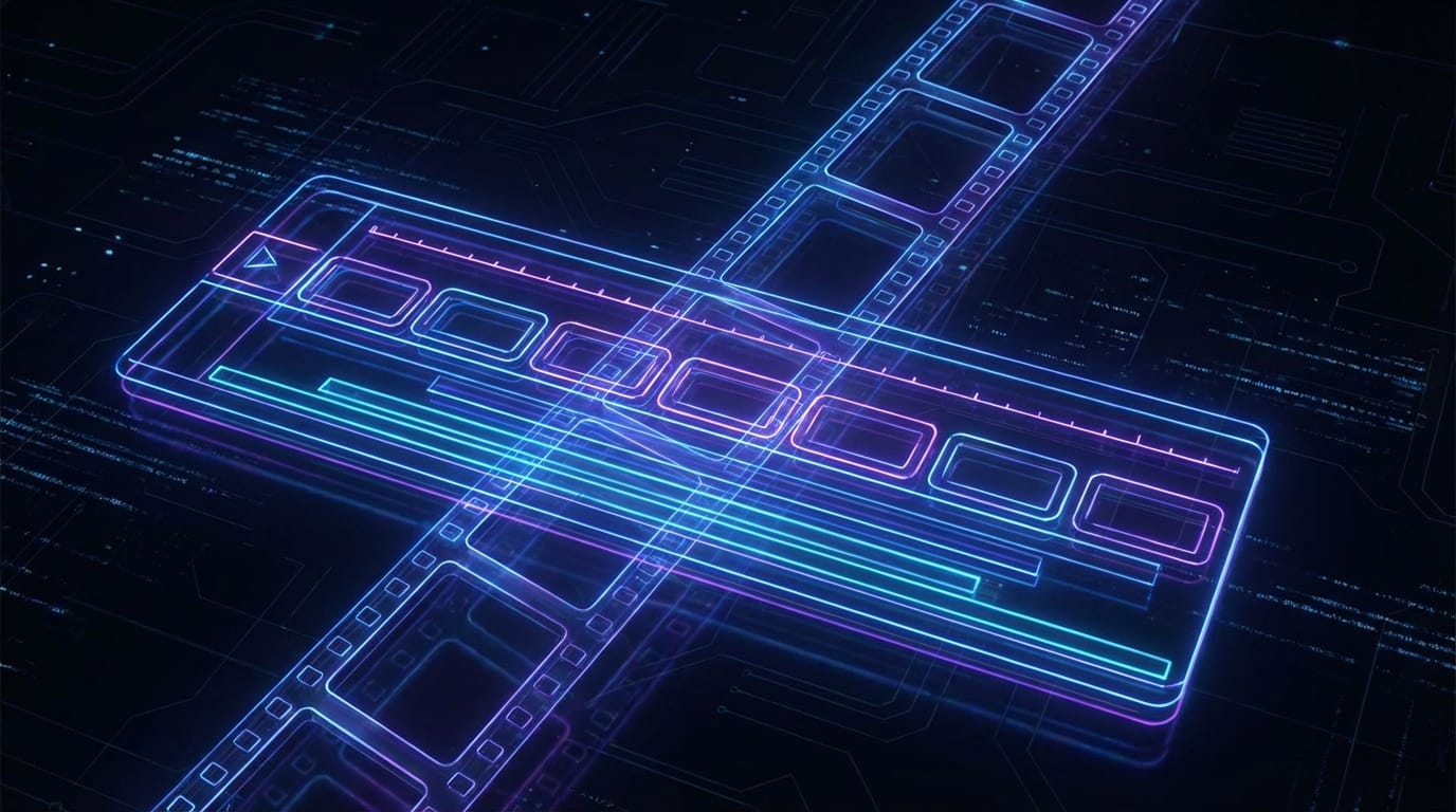 abstract digital art representing video editing timeline and cinematic film strips, glowing blue and purple neon lights, minimalist design, high tech atmosphere, 8k resolution, no text