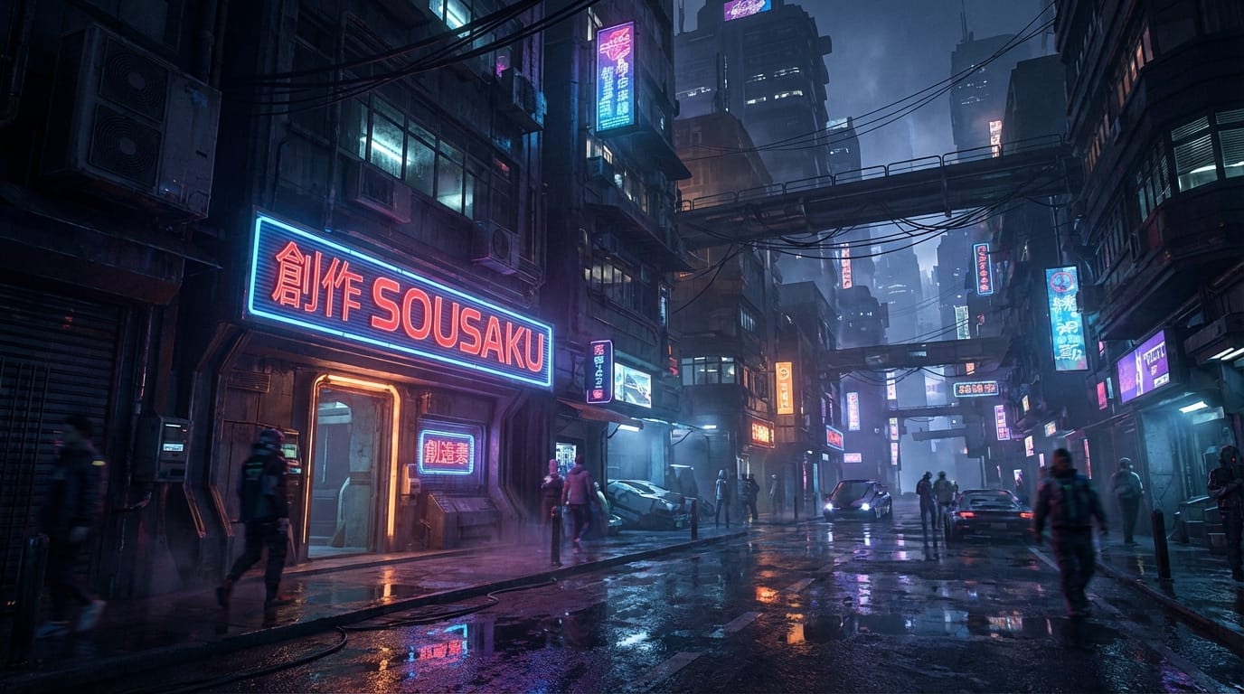 A cyberpunk street scene at night, wet ground reflecting neon lights, a glowing sign that explicitly says "SOUSAKU", detailed futuristic architecture, cinematic lighting, 8k resolution