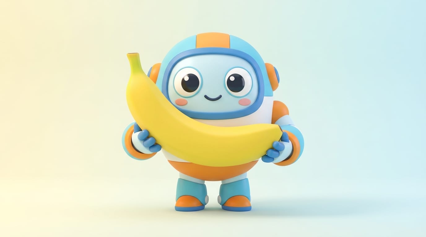 A cute 3D rendered robot character holding a yellow banana, simple clean background, vibrant colors, soft lighting, high quality