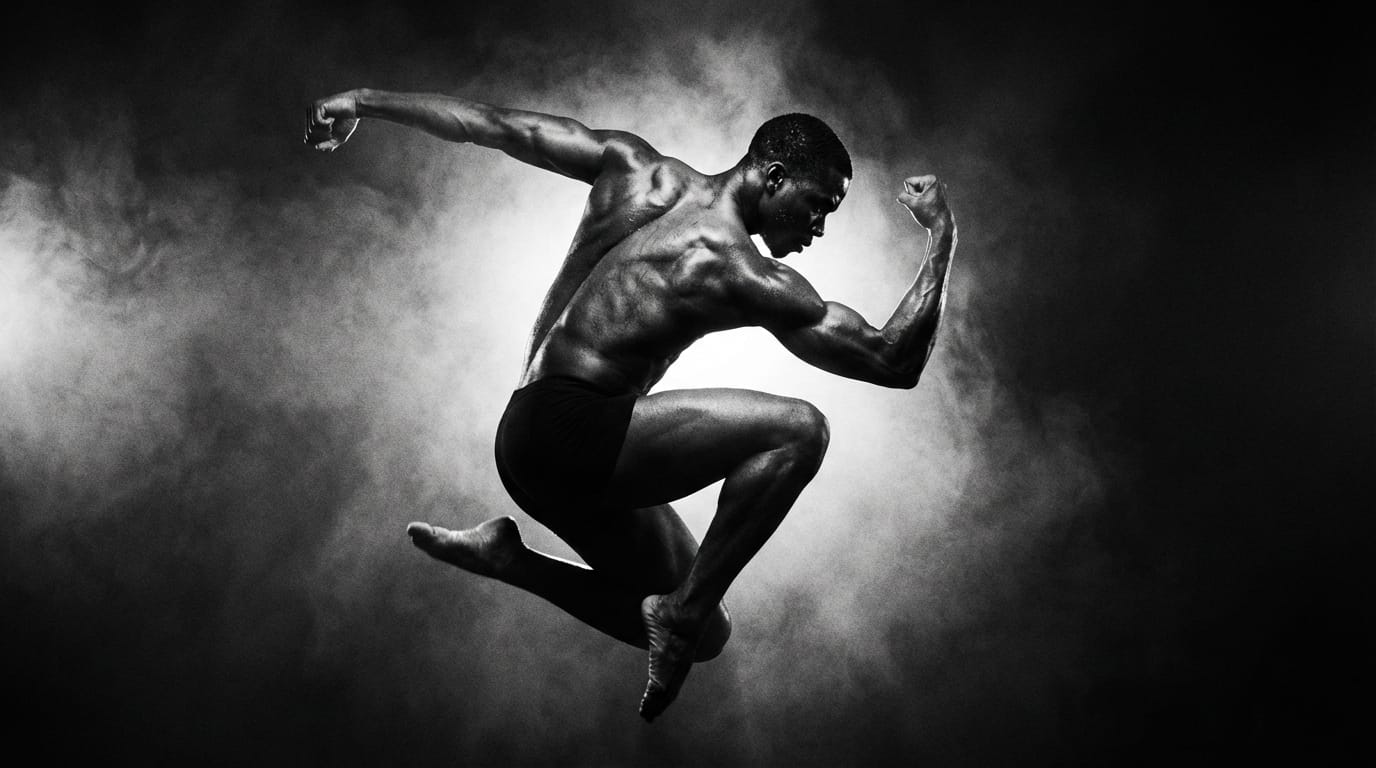 スタジオ撮影、暗い背景に劇的なリムライトが当たる男性ダンサー。筋肉の動き、スモークが漂う演出、コントラストの強いモノクロ映像。