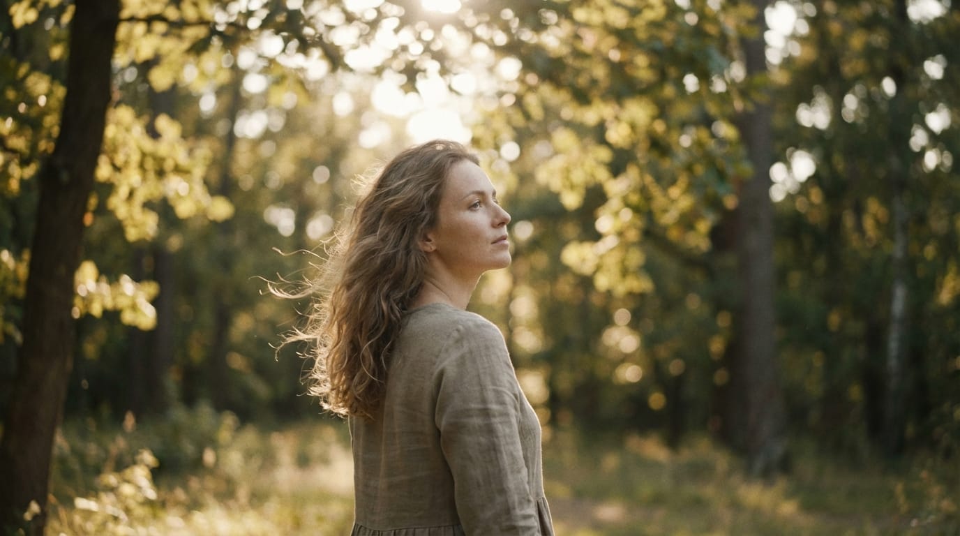 Soft natural light, a woman's hair gently blowing in the breeze. Dappled sunlight in the background shimmering, calm and dreamy atmosphere. High quality, cinematic.