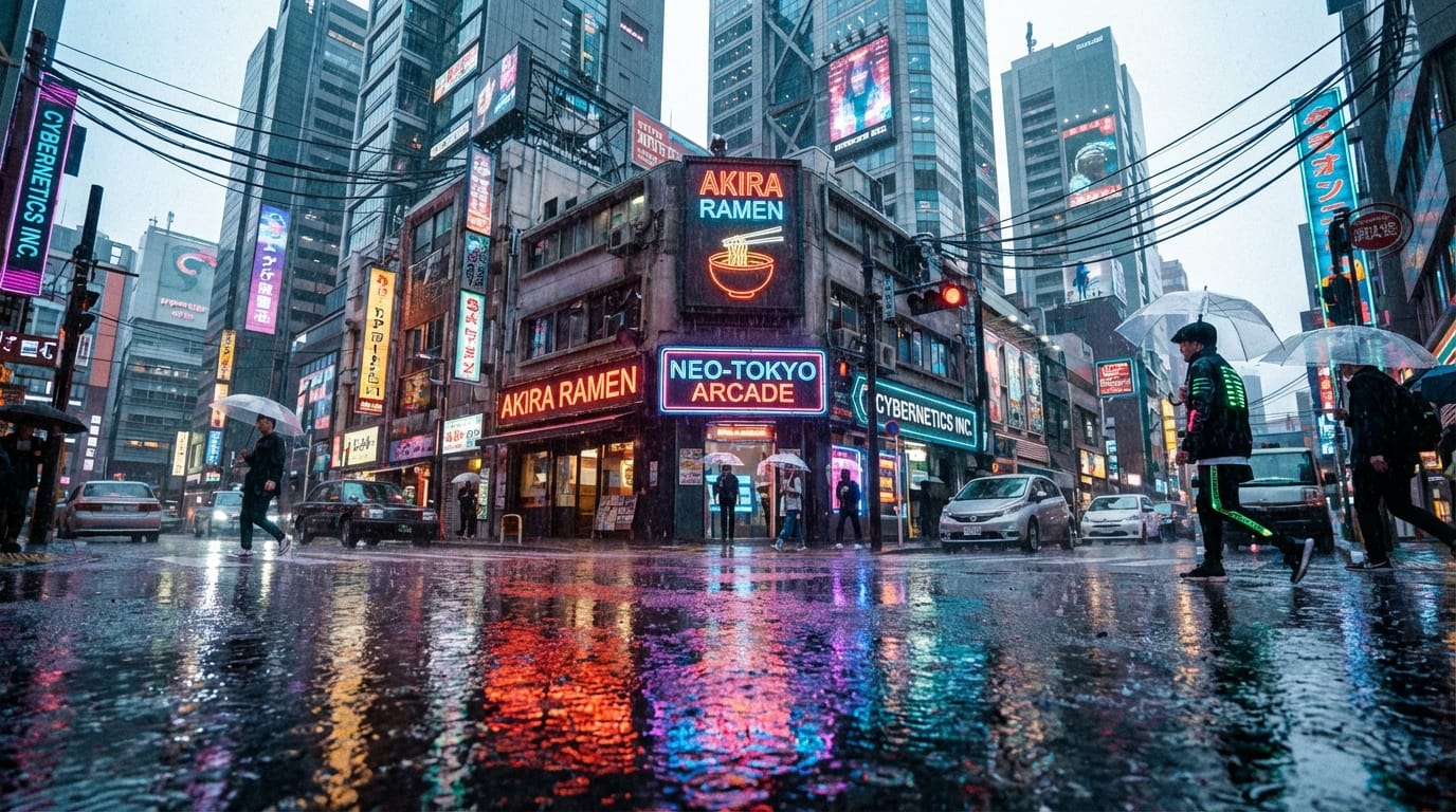 雨の日の東京の街角、ネオンサインが濡れたアスファルトに反射して揺らめいている。雨粒が降り注ぐ様子、サイバーパンクな雰囲気、スローモーション。