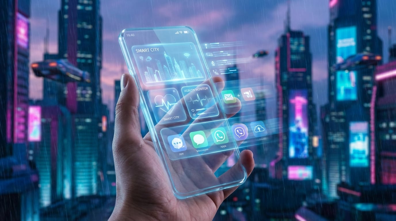 Futuristic smartphone interface, holographic blue light, smooth animation, cyberpunk background, high resolution, 4k