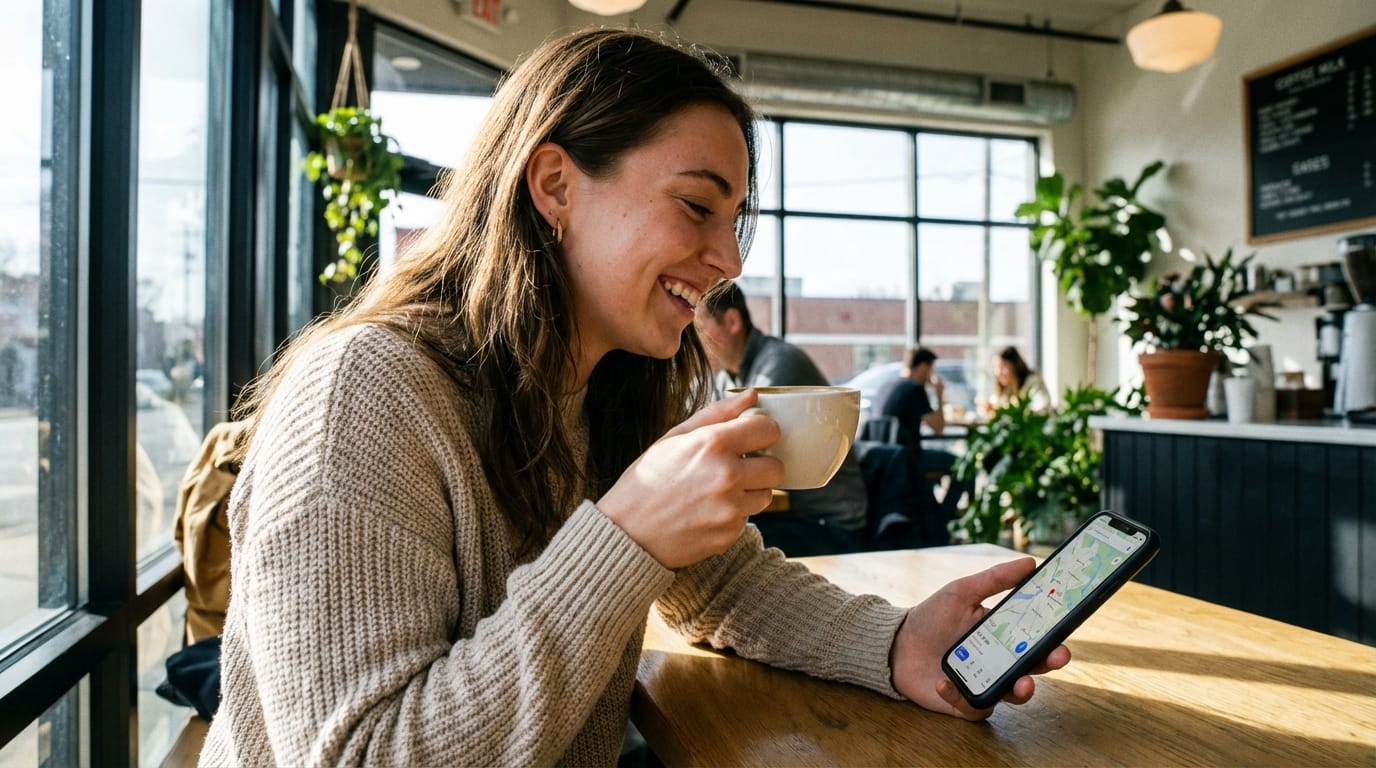 明るいカフェでコーヒーを飲みながら、スマートフォンで地図アプリを操作して楽しそうに微笑む若い女性、自然光、詳細な表情、リアルな質感