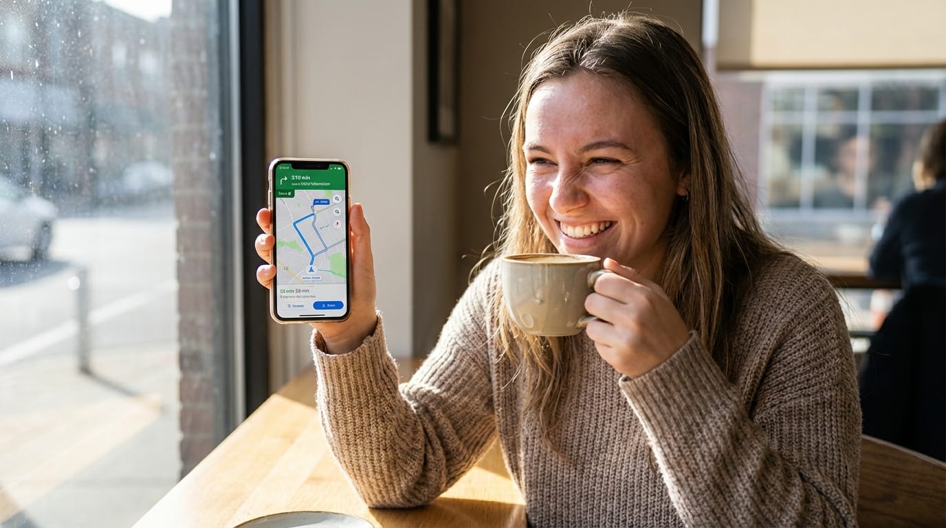 A young woman smiling happily while using a map app on her smartphone, drinking coffee in a bright cafe, natural light, detailed expression, realistic texture