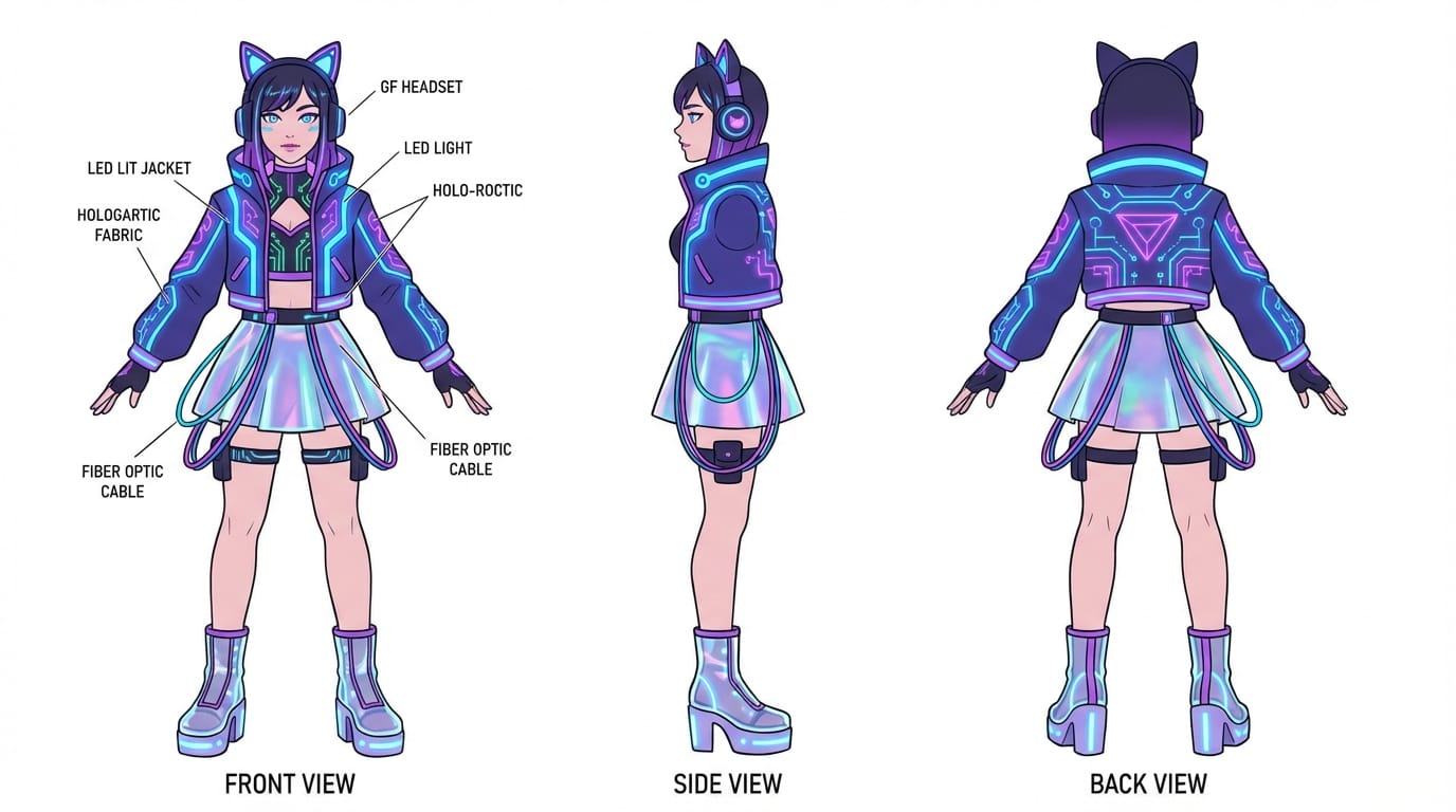 (best quality), character design sheet, 3 views, front view, side view, back view, 1girl, futuristic idol costume, cyberpunk style, glowing accessories, white background, flat color, detailed costume design, full body
