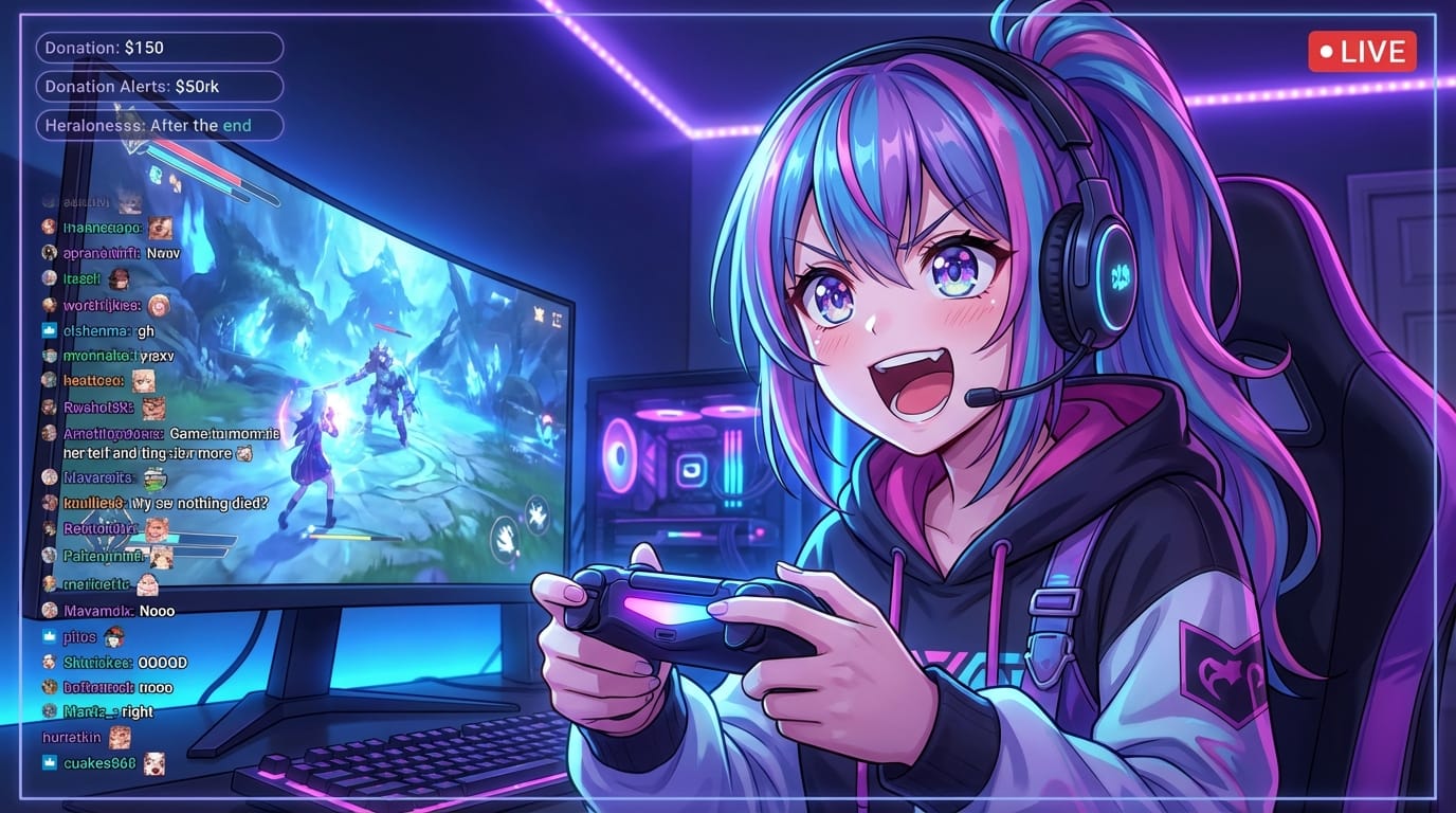 anime style, 1girl, vtuber, colorful hair, holding a game controller, excited expression, glowing gaming monitor background, dynamic angle, high quality, detailed eyes, intense lighting, streaming overlay style