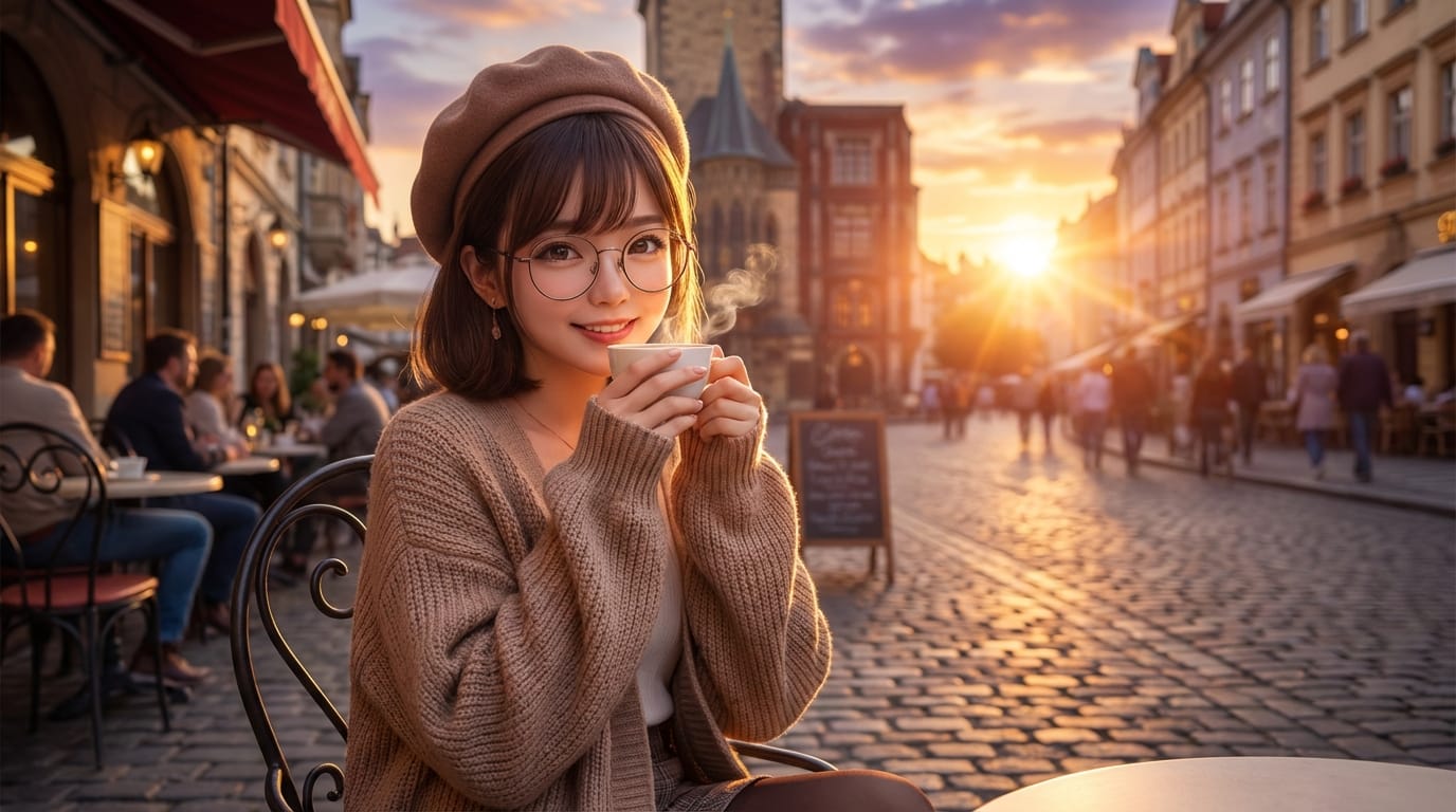 (masterpiece, best quality), 1girl, solo, vtuber, sitting at a cafe terrace, sunset, orange lighting, drinking tea, relaxed atmosphere, highly detailed background, lens flare, cinematic lighting, casual outfit, cute face, looking at viewer