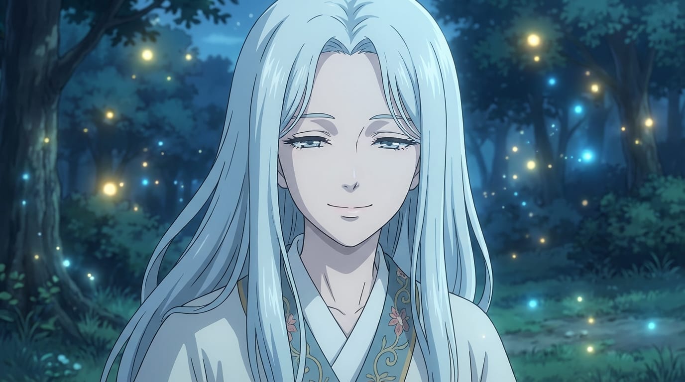The character is breathing softly, blinking eyes naturally, hair gently floating in the wind, subtle smile, magical particles floating in the background, high quality anime animation, loopable.