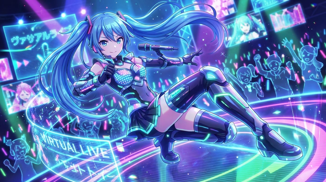 Anime style, a cute virtual idol girl with long blue hair and futuristic costume, performing a high-energy J-pop dance on a glowing cyber stage, smooth motion, high frame rate, dynamic camera angle, detailed lighting.
