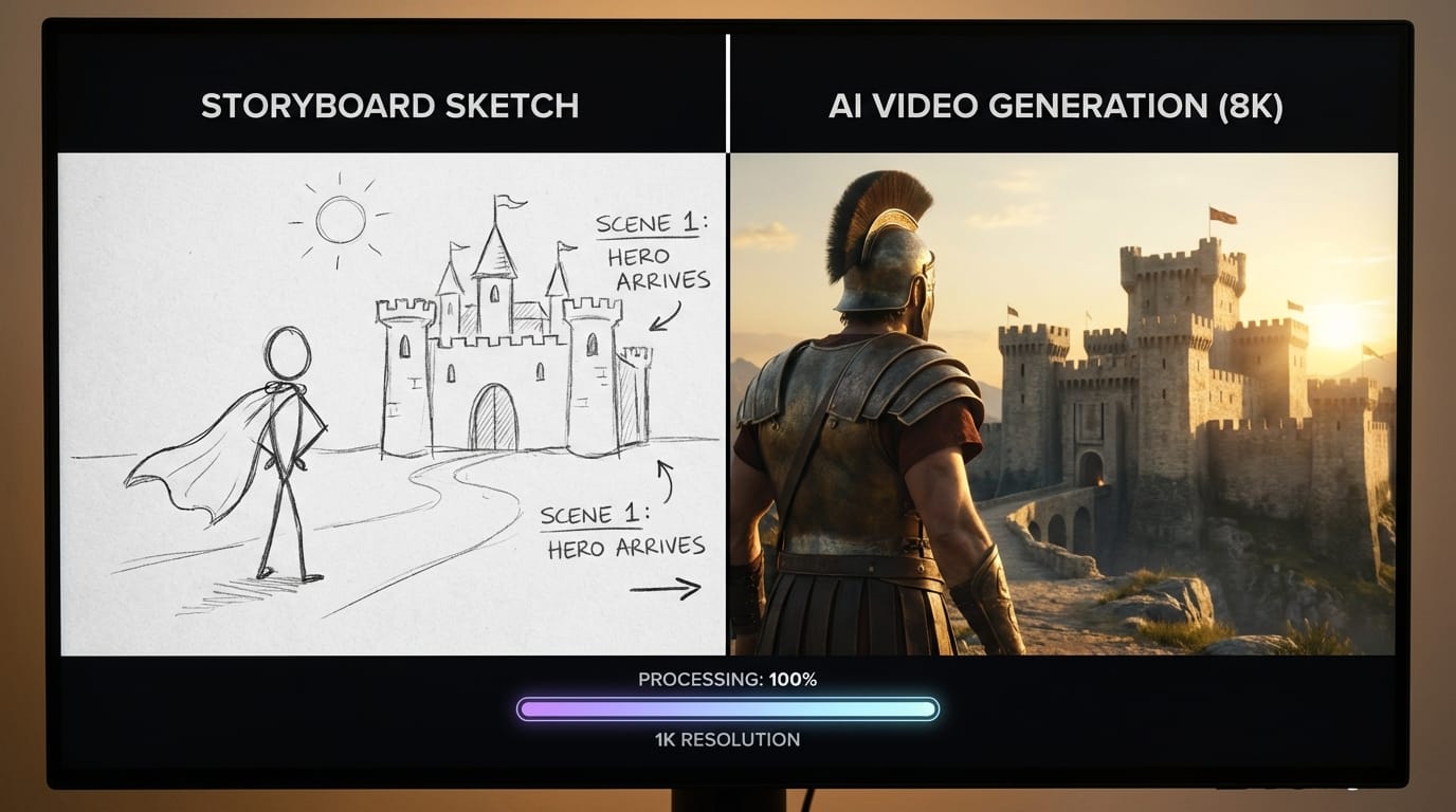 A split screen comparison showing a rough storyboard sketch transforming into a high-definition movie scene using AI video generation.