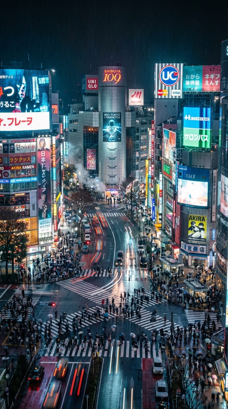 垂直フォーマット（9:16）、ドローン撮影。活気ある東京の夜景、渋谷のスクランブル交差点を上空から撮影。ネオンサインが輝き、人々が行き交う。サイバーパンクな雰囲気、映画のような照明、4K高解像度。