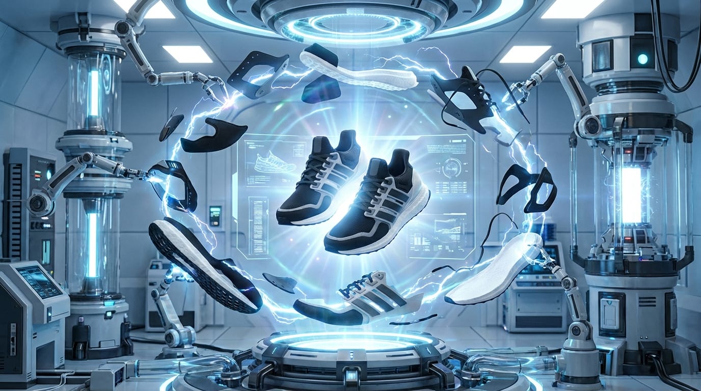 （複数の製品画像をアップロード）アップロードされたスニーカーが、未来的な実験室で組み立てられていくタイムラプス映像。パーツが空中で結合し、最後に完成品が光り輝く。ダイナミックなカメラワーク、ハイテクな効果音。