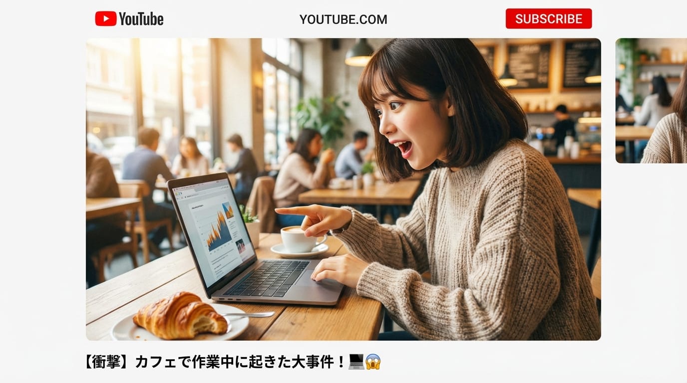 カフェでノートパソコンを開いて作業をする若い女性。突然驚いた表情で画面を指差す。ズームイン、明るい雰囲気、Youtube Vlogスタイル。