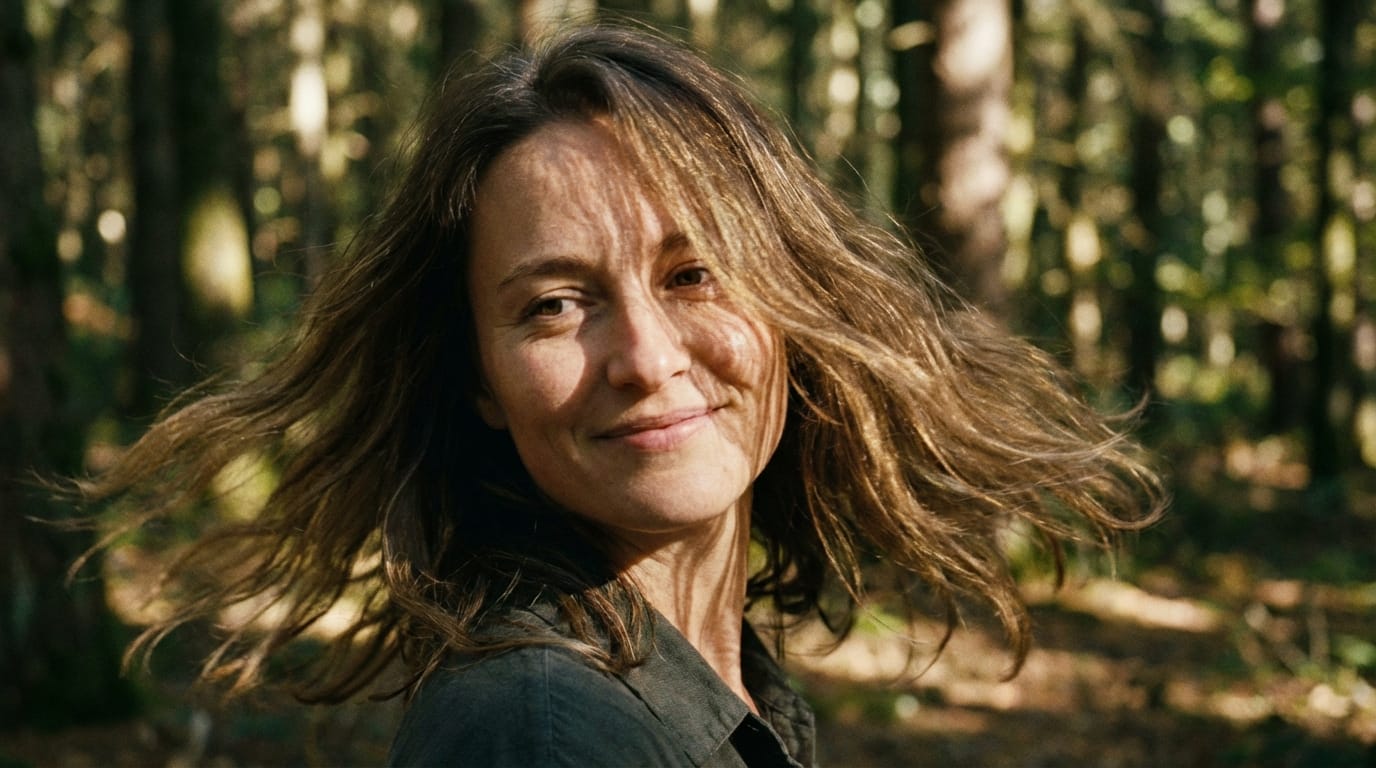 (参考画像を入力した状態で)髪が風になびき、背景の木漏れ日が揺らめく。穏やかな微笑み、自然な動き、高品質。