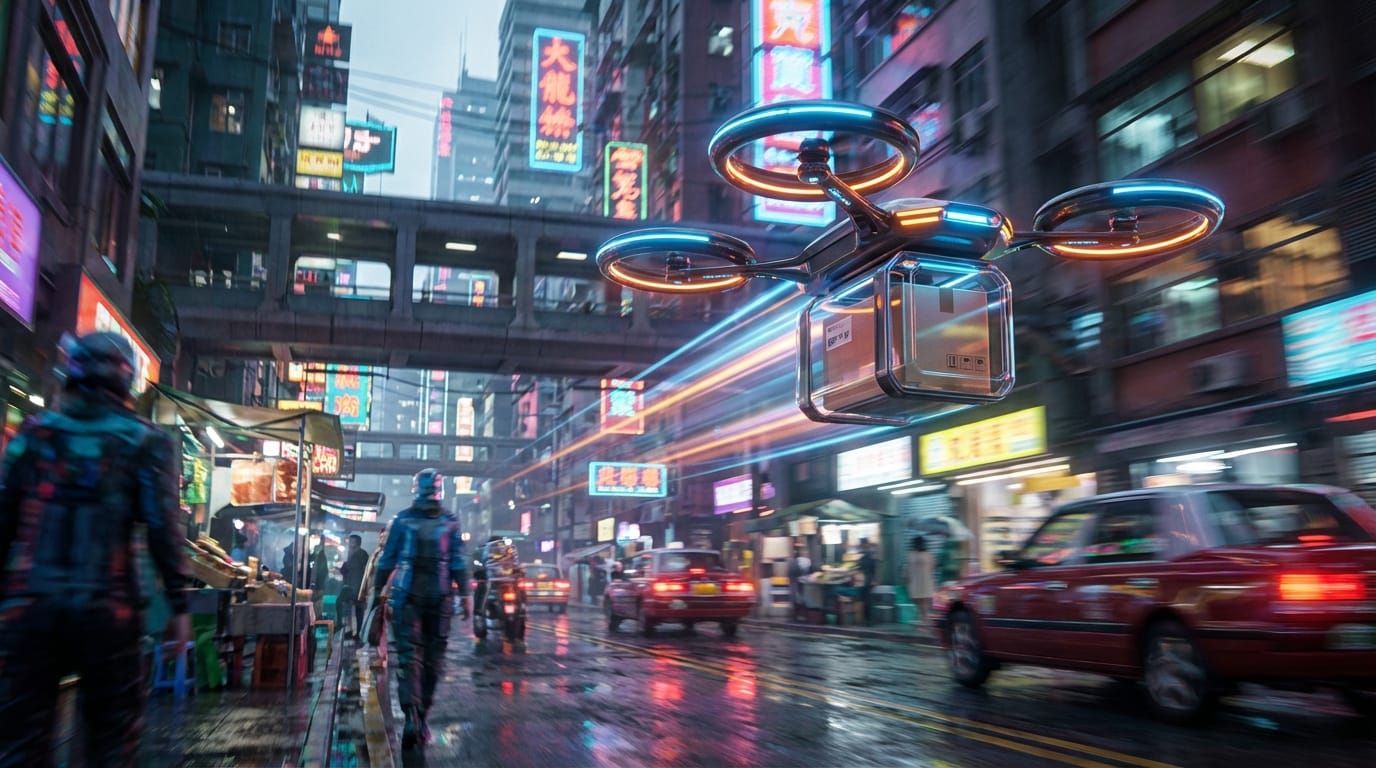 A futuristic drone delivering a package in a busy cyberpunk city street, neon lights, fast motion, smooth transition