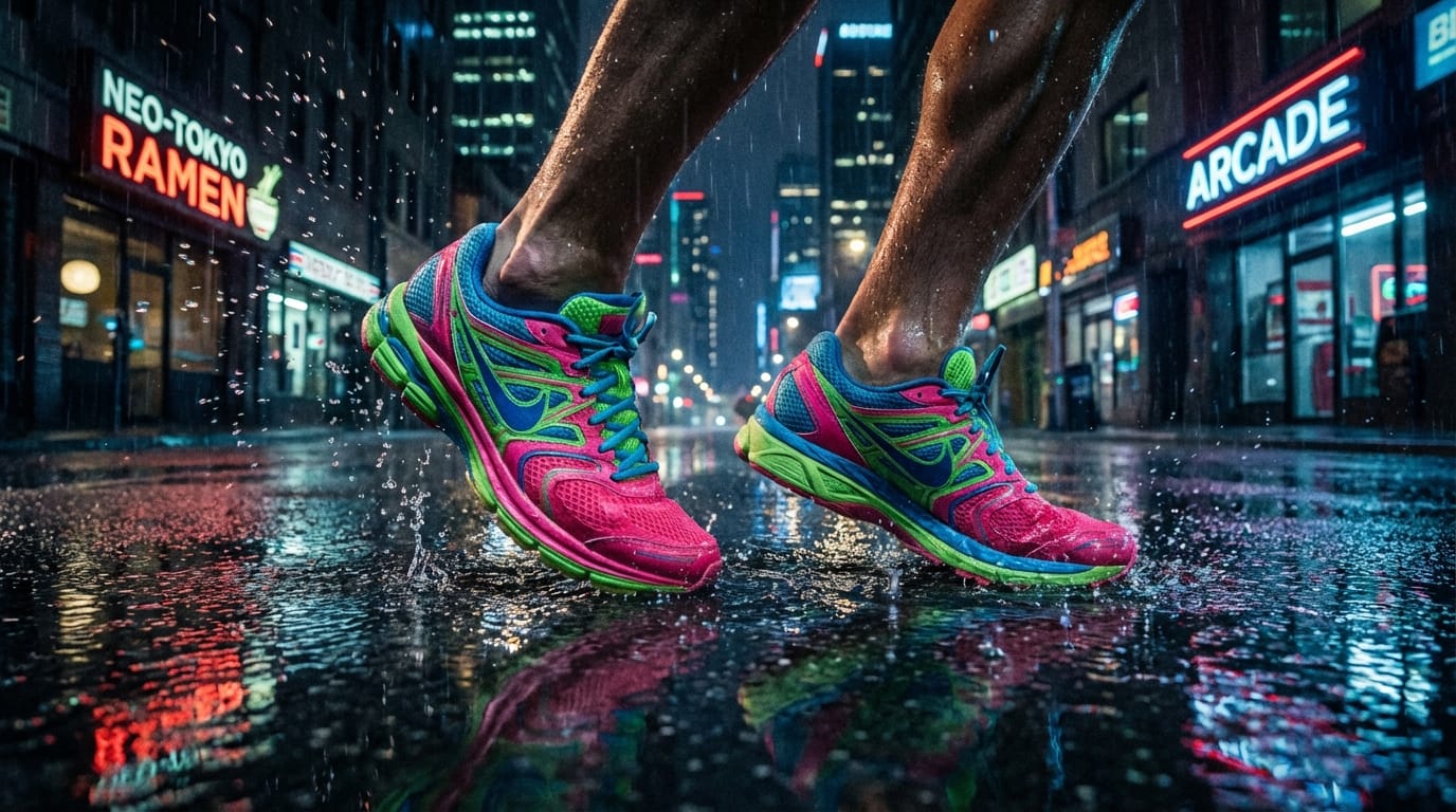 都会の夜、濡れたアスファルトの上を走るネオンカラーのランニングシューズのクローズアップ。ダイナミックなカメラワーク、スローモーション、映画のような照明、4k品質。