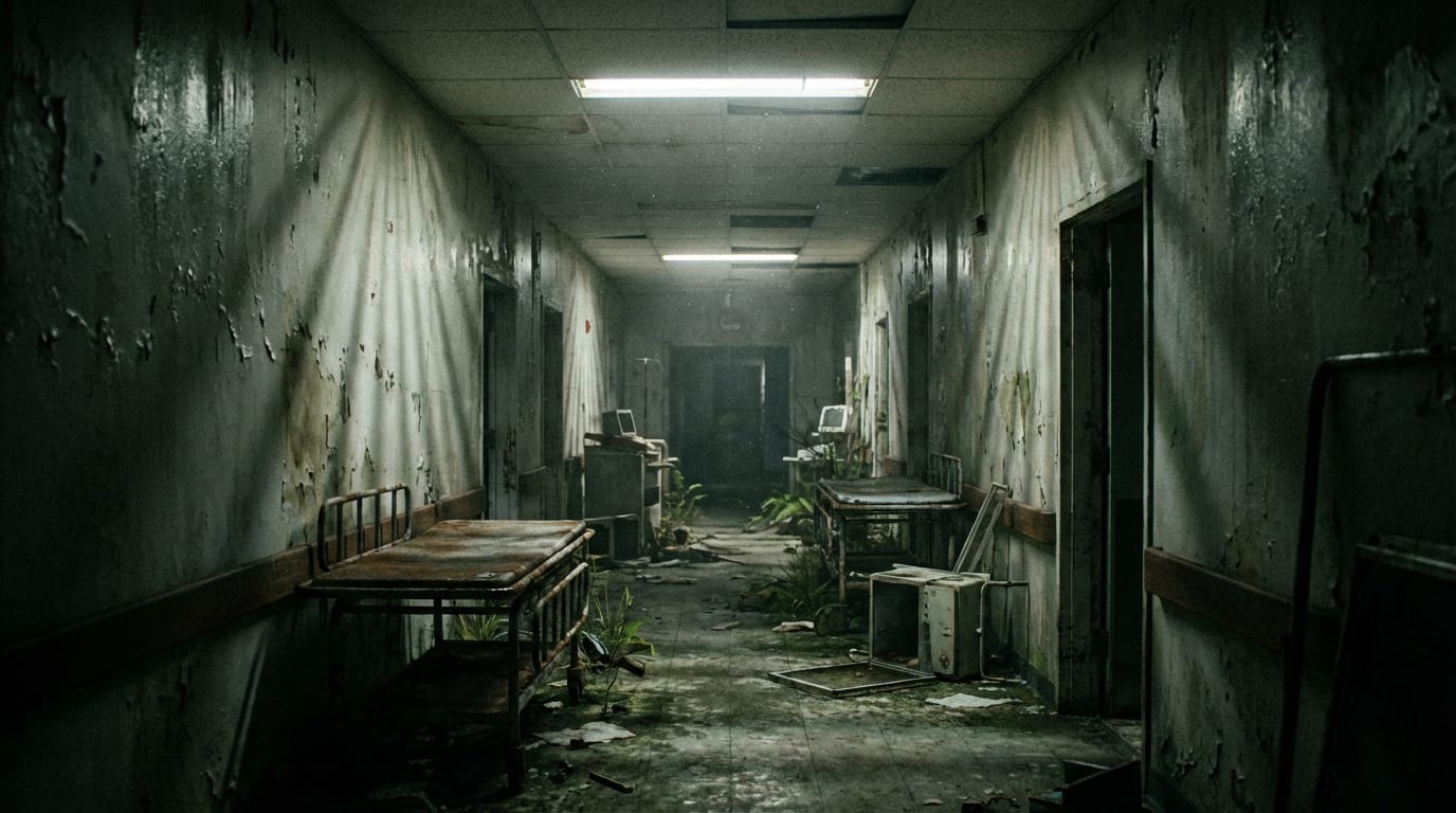 cinematic horror shot, abandoned hospital hallway, flickering lights, shadows, realistic texture
