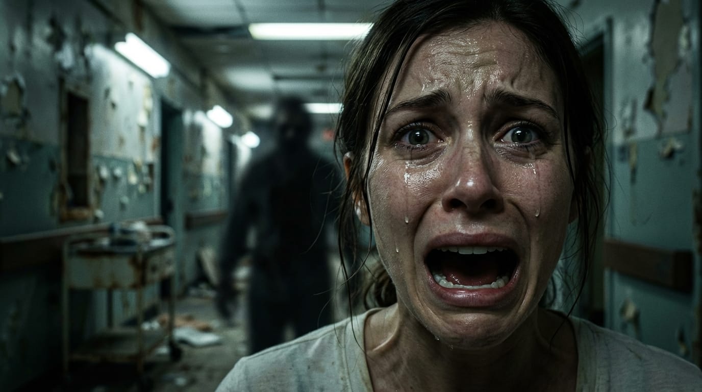 廃病院の廊下、恐怖に歪む女性の顔のクローズアップ、背後に迫る影、極端な恐怖の表情、汗と涙、ちらつく照明、不穏な雰囲気、映画的な構図、被写界深度、リアルな肌の質感