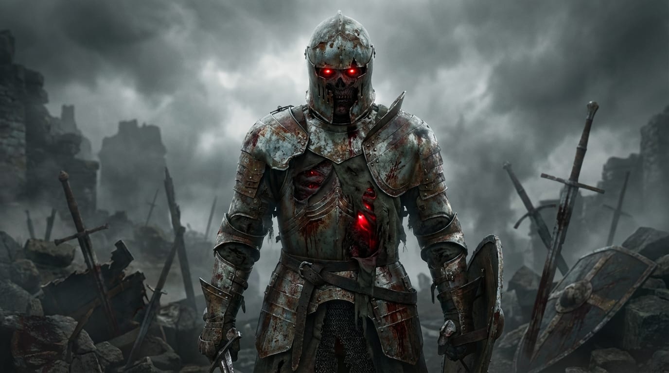 腐敗した騎士の全身像、ダークファンタジー、錆びついた鎧、隙間から見える腐った肉、発光する赤い目、霧の立ち込める古戦場、高解像度、フォトリアリスティック、血痕、激しい戦闘の跡、映画のような照明