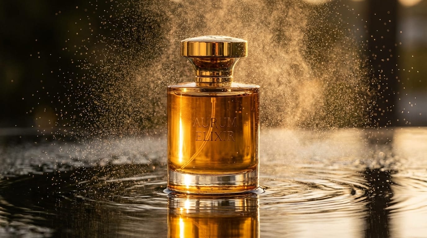 Cinematic slow motion shot of a luxury perfume bottle on a black reflective surface, golden lighting, water droplets, 4k resolution, high detail