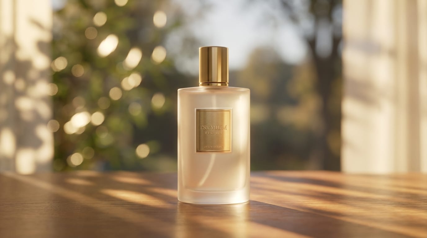 Camera slowly pans around the product, soft bokeh natural lighting in the background, swaying dappled sunlight, calm and luxurious atmosphere, maintain product details.