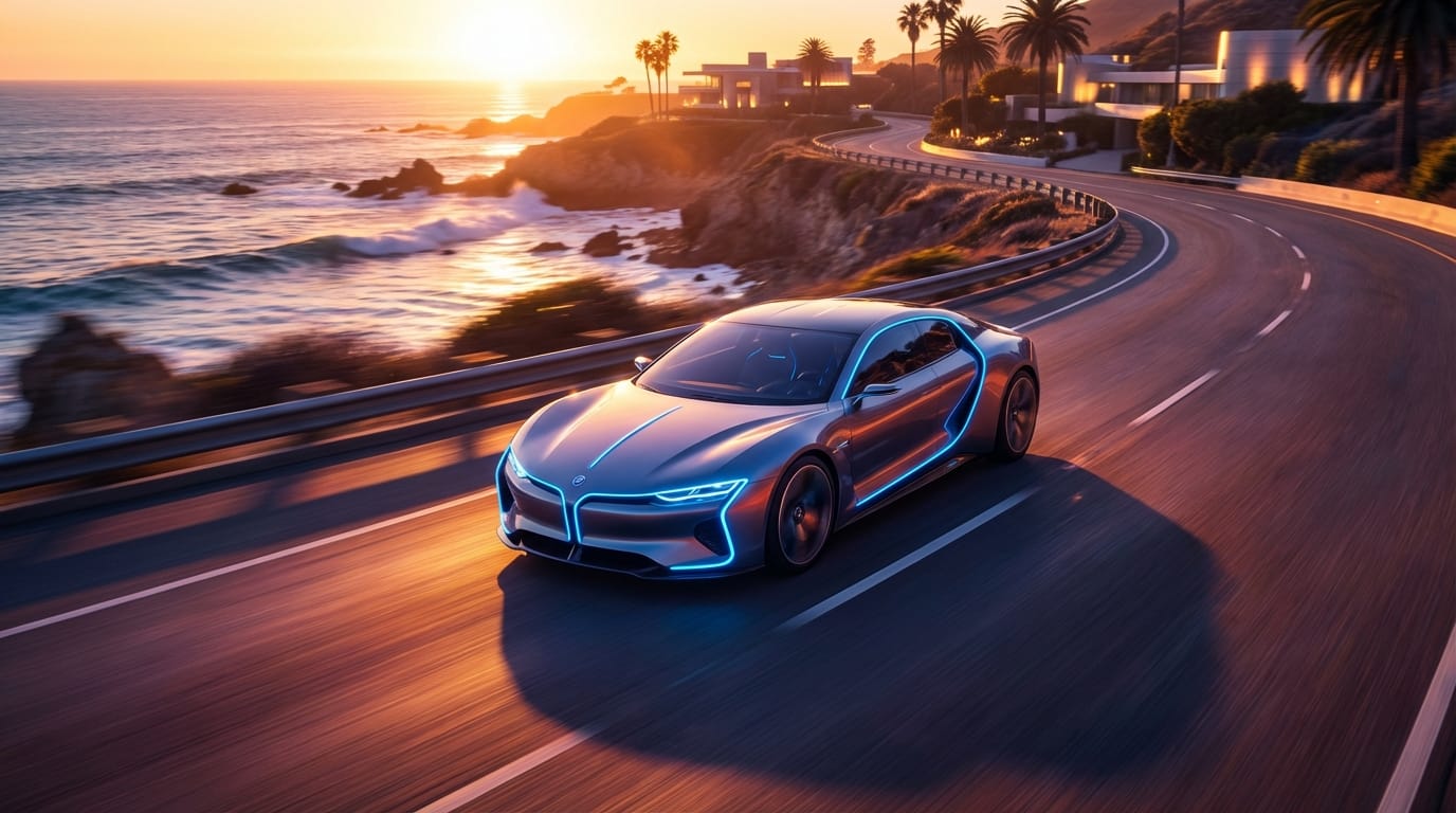 A futuristic concept car driving on a coastal road, sunset, realistic lighting, motion blur, highly detailed environment, 4k