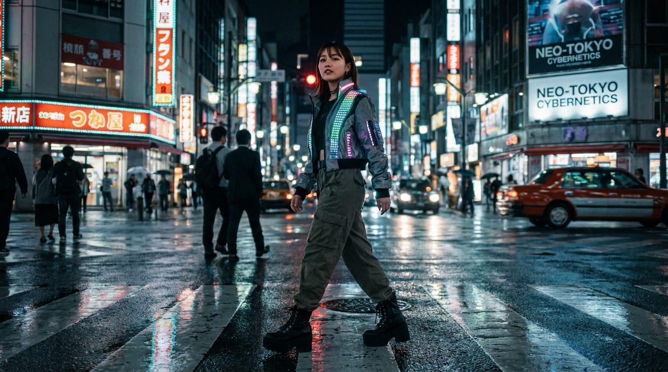 Tokyo neon streets, night, young Japanese female model dressed in cyberpunk fashion, walking confidently towards the camera, light reflecting on wet pavement, slow motion, cinematic lighting, 8k resolution, high definition texture.