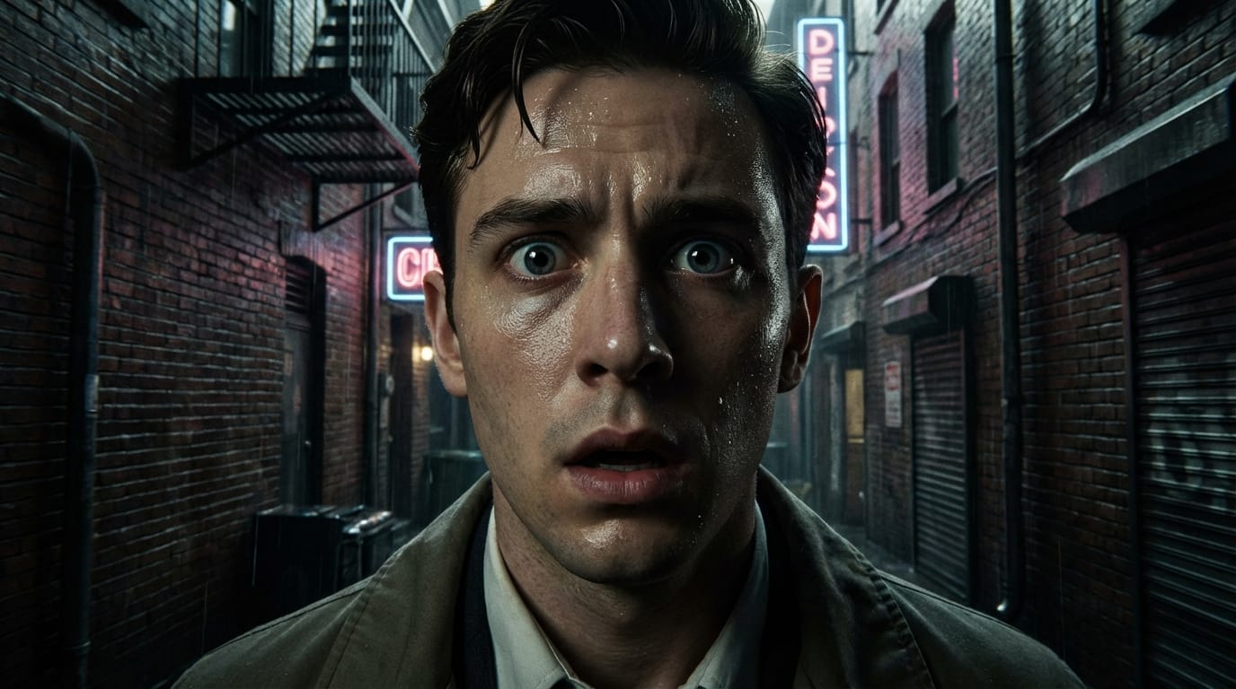 映画のクローズアップショット。ショックを受けた若い探偵の顔。背景の路地裏が歪んで遠ざかるようなドリーズーム効果(dolly zoom effect)。ヒッチコック・スタイル。劇的なライティング、高解像度、シネマティックな質感。