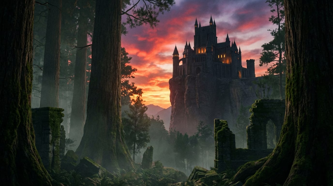 壮大なクレーンショット(Crane shot)。霧の立ち込める森の中から上昇し、断崖絶壁にそびえ立つ古代の黒い城を映し出す。夕暮れ時、ドラマチックな空、映画のようなライティング、広角レンズ、ゆっくりとした安定したカメラの動き。