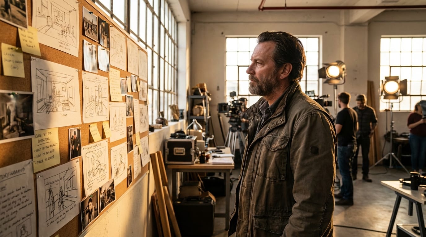 A film director looking at a storyboard wall, cinematic lighting, professional studio environment, high detail