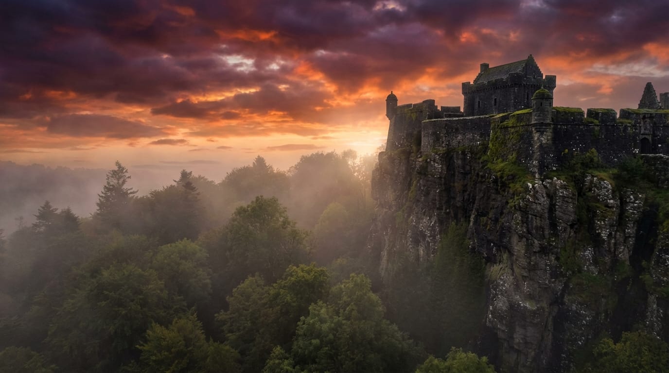A cinematic crane shot rising above a misty forest to reveal an ancient dark castle on a cliff, sunset, dramatic sky