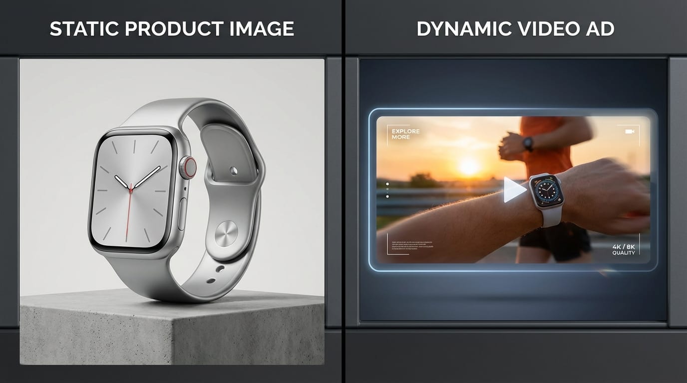 A vertical split-screen comparison showing a static product image transforming into a dynamic video ad, high quality, 4k